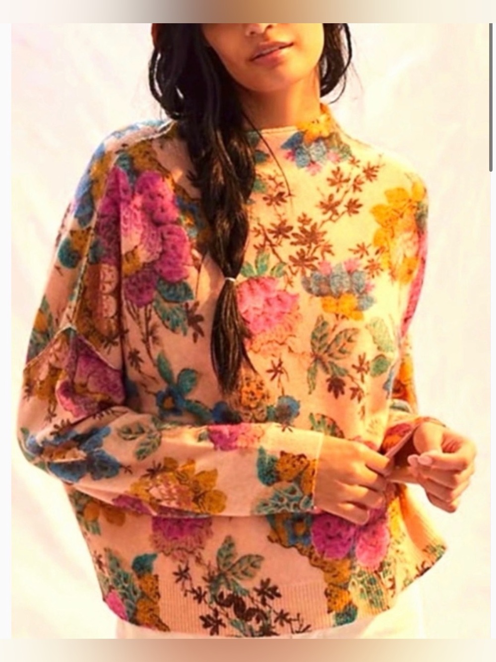 Pilcro Anthropologie Alani 100% Cashmere Floral Sweater Pink Combo M